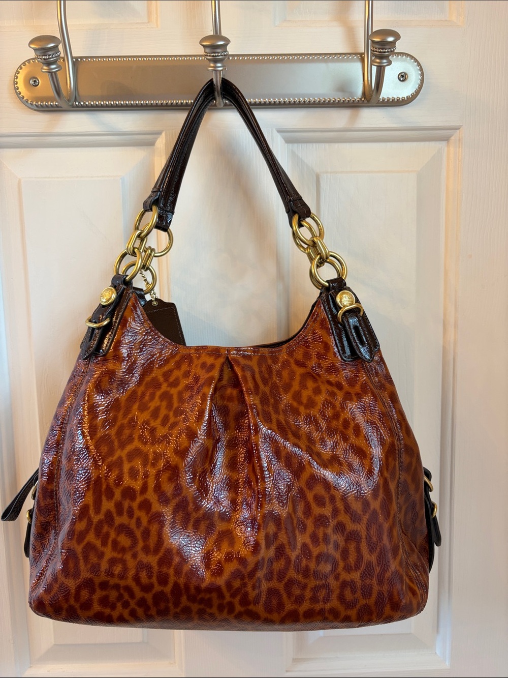 Coach Leopard-Print Shoulder Bag in Brown and Black with Gold Hardware